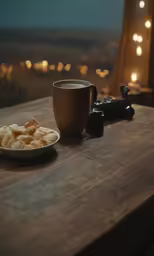a coffee cup sits next to a plate full of biscuits