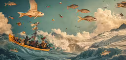 a painting of a boat full of fish in the ocean,several people riding on a boat through the ocean