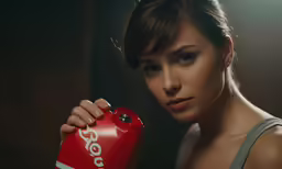 a woman holds a small red canister near her face