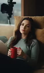 woman with long dark hair holding red mug sitting on couch