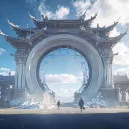 two people walking in front of a arch on a city street