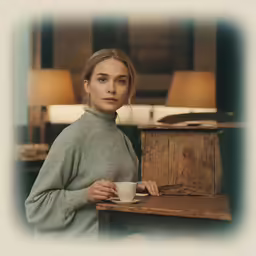 a girl in a gray sweater is drinking coffee