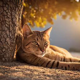 a cat lying on the ground under a tree