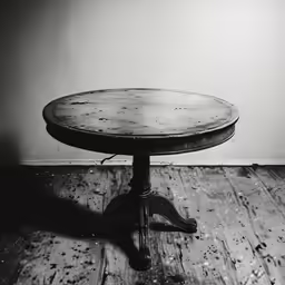 an old wood table with a large round top and metal legs