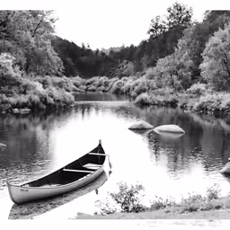 black and white photo of a canoe in water near trees