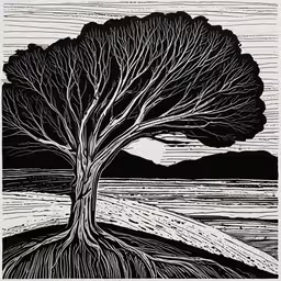 a tree with a mountain behind it on a sunny day,a tree with its roots in the ground