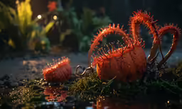 two flowers are spikkled off of the water near plants