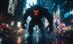 the giant robot is in the city at night