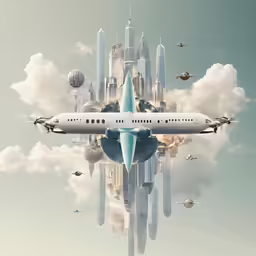 a passenger plane is flying in the sky over a very futuristic city