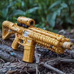 a toy yellow gun with three red lights on its muzzle
