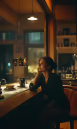 the woman looks in the window while drinking from a mug