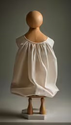a wooden mannequin wearing a dress with white fabric on top