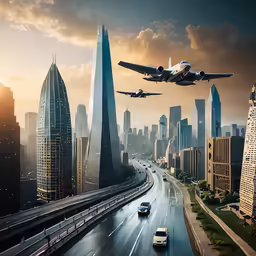 a passenger jet flies over the city in a surrealistic painting