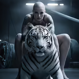 a girl is sitting with a tiger, in front of it