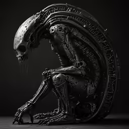 an alien creature sitting in front of a dark background