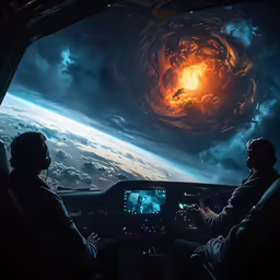 two men in a plane looking at a planet through a window