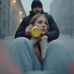 a man is helping a woman sitting down