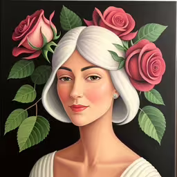 a painting with roses on her head in front of a black background,a painting with roses on it showing the face of a woman with white hair and long, white, hair, wearing a white dress with white sleeves and an embellions, with pink flower in her mouth