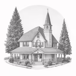 the house is painted white and has a tall steeple