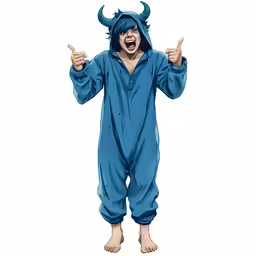 a cartoon character dressed as a blue devil