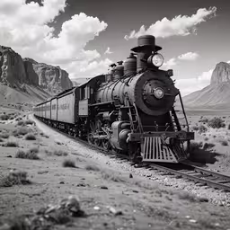 a train with a sky background moving through the desert,a train traveling down tracks in the desert