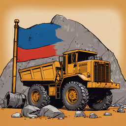 a dump truck with a flag on it is in front of some rocks,a yellow dump truck parked in front of a mountain