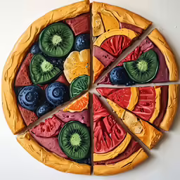 the sliced up pizza has many fruits on it
