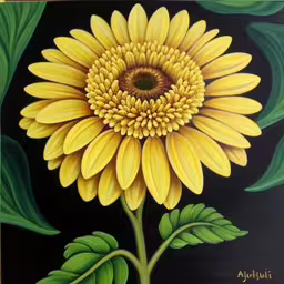 painting of a large yellow flower with green leaves,a painting of a yellow flower with green leaves