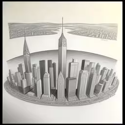 a drawing of a city in the middle of a picture,an illustration shows the shape of a city