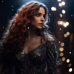 a woman with red hair wearing a dress