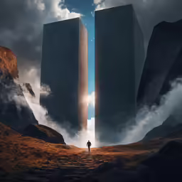 a person standing on a path to the top of two tall buildings