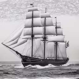 a black and white photo of a boat in the ocean