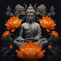 a buddha statue sits surrounded by flowers and leaves