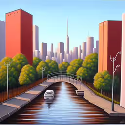 a large mural of a river that has a boat at the end and buildings in the background