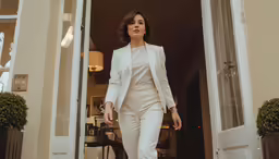 a woman in a white suit is stepping out of an open door