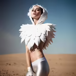 woman in silver and white feathered top posing outdoors