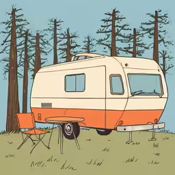 a camper trailer with the front window open and chairs around