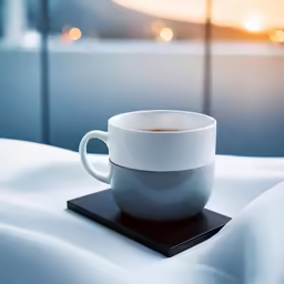 a white cup of coffee sitting on a coaster
