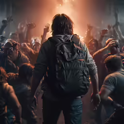 a person with a back pack walking through a large group of people