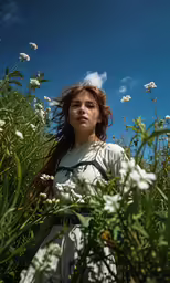 woman standing in white flower field with blue sky