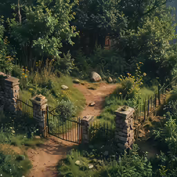 an outdoor path between two stone walls and grassy field