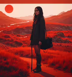 a woman with a bag standing in front of an orange field,woman in dark green coat standing on trail looking out into red mountain landscape