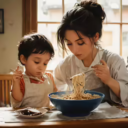 a woman helping a little boy eat noodles