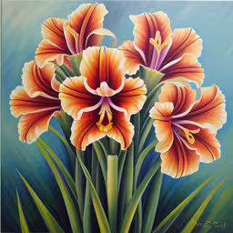 the painting is on display in the room,a painting of some orange flowers on a green background,a painting of a group of flowers,oil painting on canvas depicting three orange flowers,a painting of some flowers in the grass