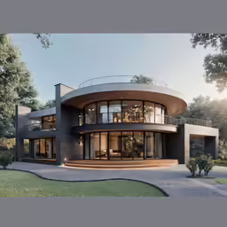 a contemporary house on a hill with a terrace and trees