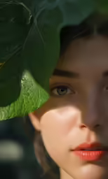 a young girl is looking over her shoulder with green leaves surrounding her