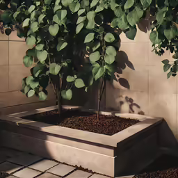 a tree and some plants by a cement wall