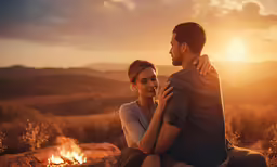 man and woman sitting by a campfire watching the sun rise