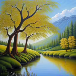 a painting on a wall showing trees in front of the river,a painting of a pond with trees on the side of it,painting with landscape and pond on side,painting of a beautiful nature scene with trees and water,trees and water with mountains in the background