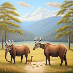 two animals and a baby antelope walking down a dirt path,two large rhinos with birds and baby deer are standing in the forest,a painting of two animals with two birds and an antelope,two brown animals standing next to each other,a painting of two horned animals with a deer